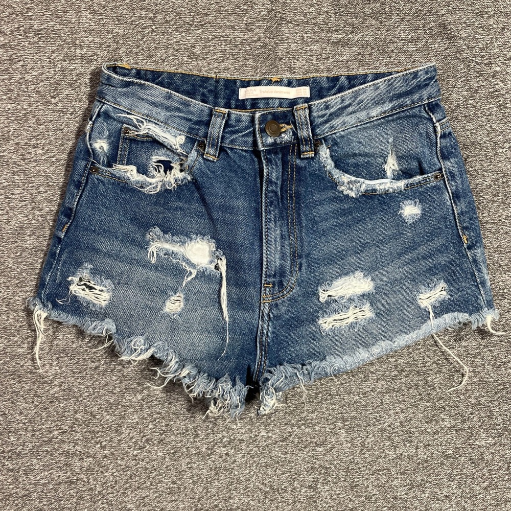 Zara Trafaluc Distressed Denim Shorts Blue High Waisted Frayed Hem Size 2